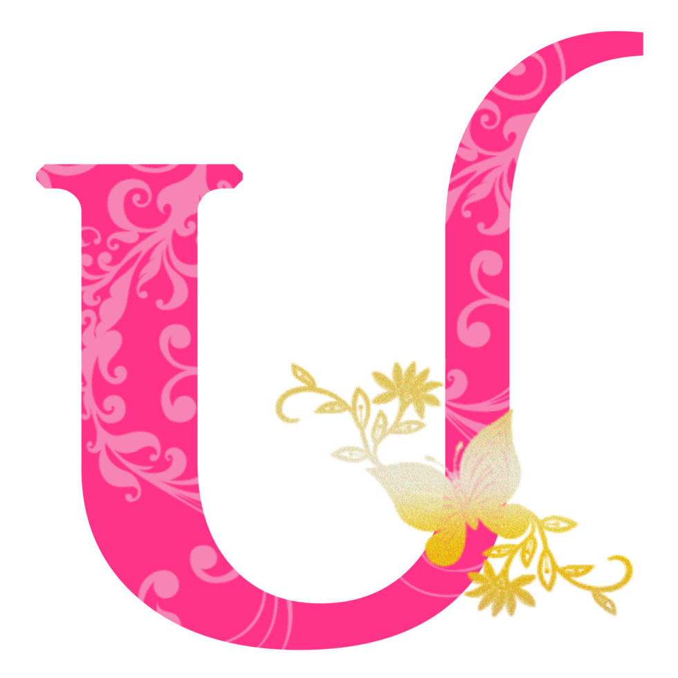 Pink Letter U with Gold Butterfly Accent png