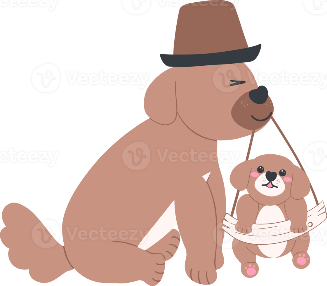Father's Day Dog Dad Put on a hat and Baby Illustration in Cute Cartoon Flat Design png