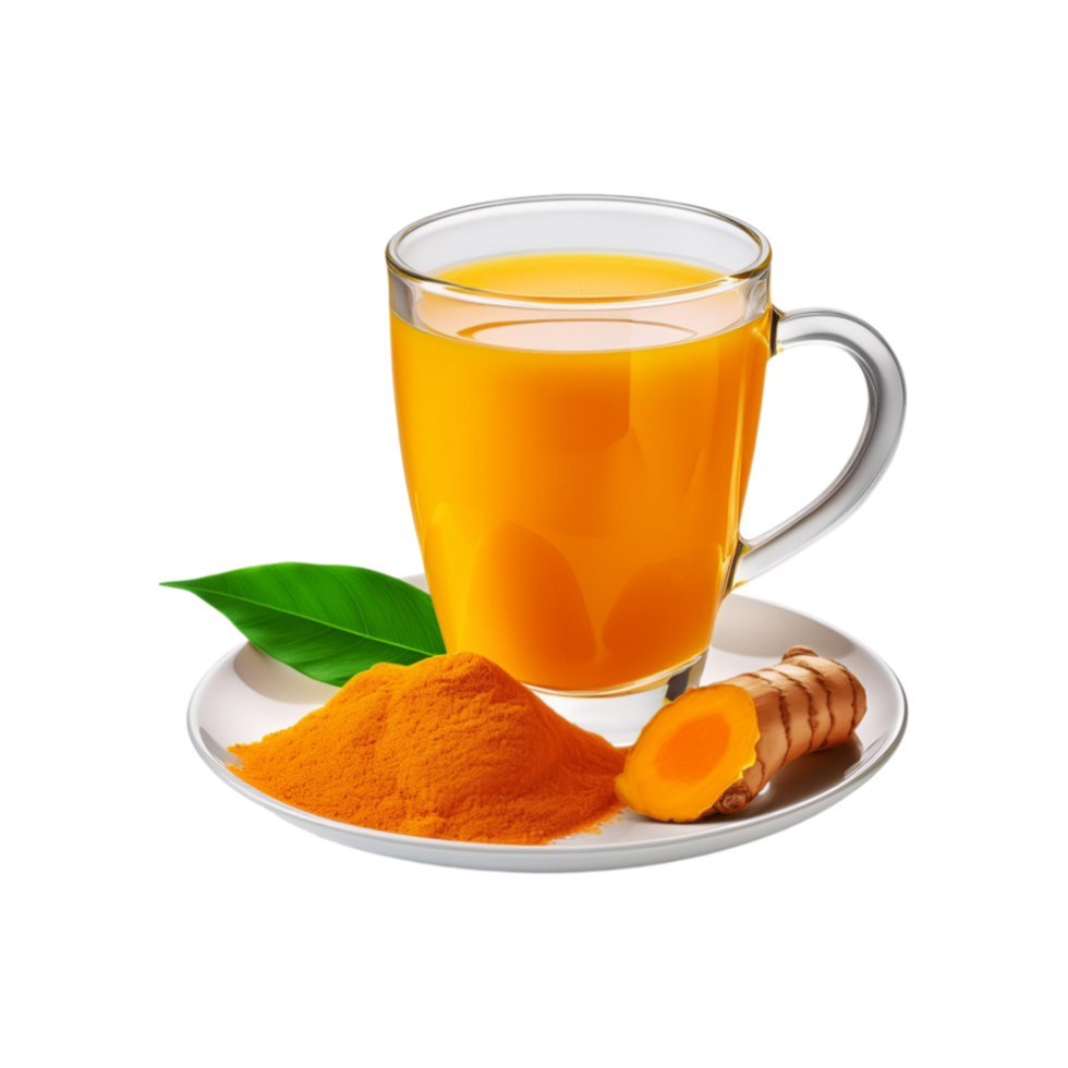 Glass cup and plate of turmeric tea with slices on transparent background png