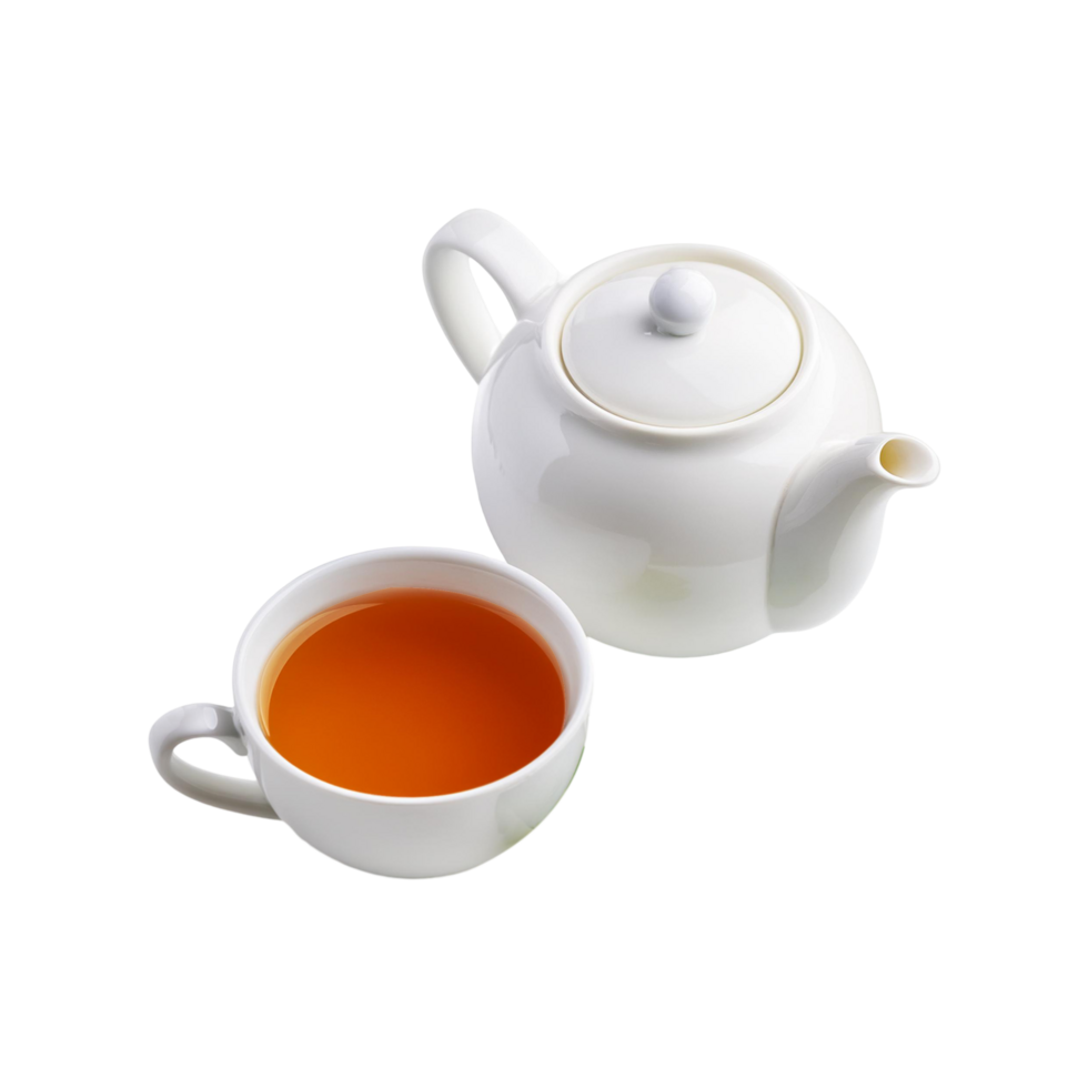 White ceramic teapot and cup of tea on transparent background png
