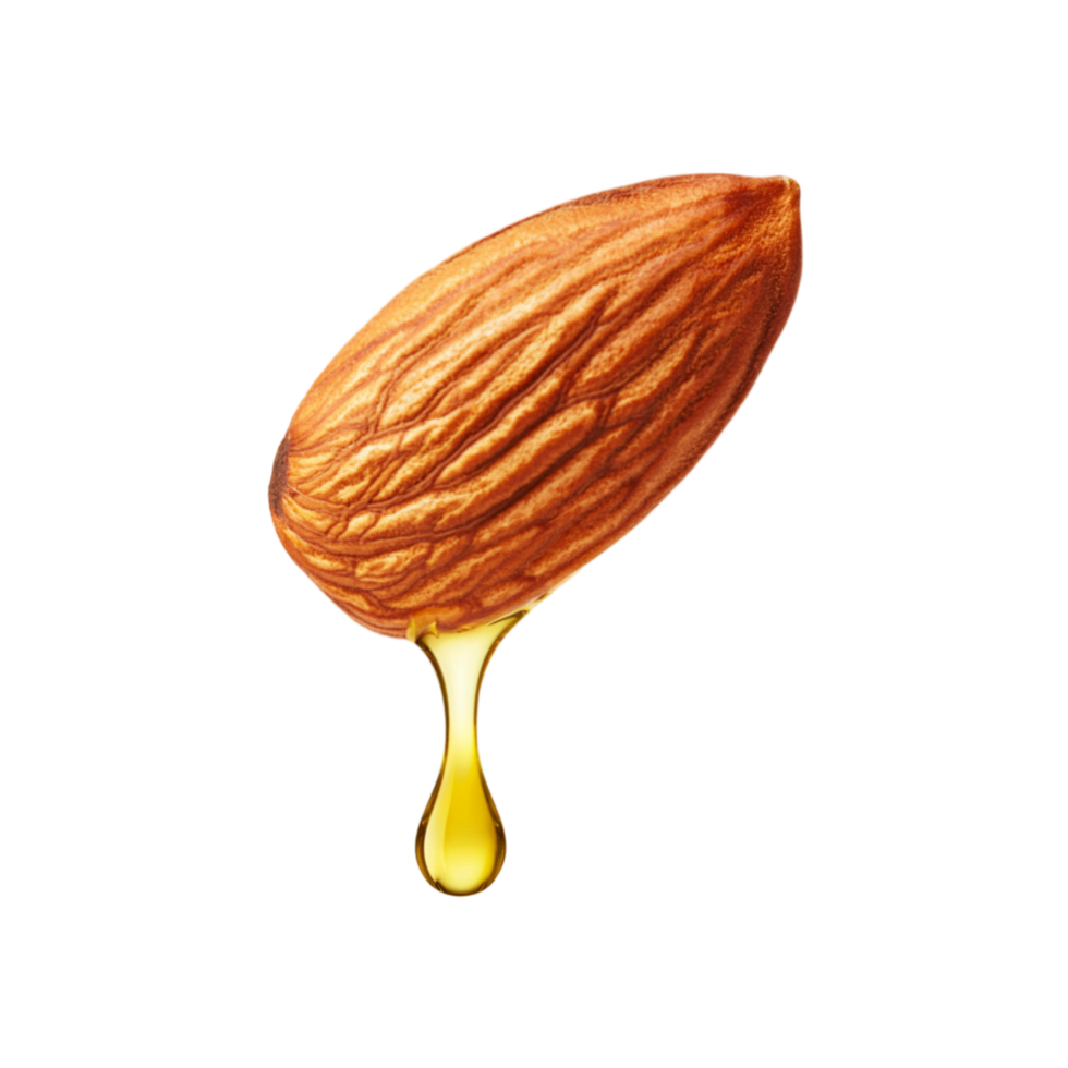 Oil drop fall from fresh almond nut on transparent background png