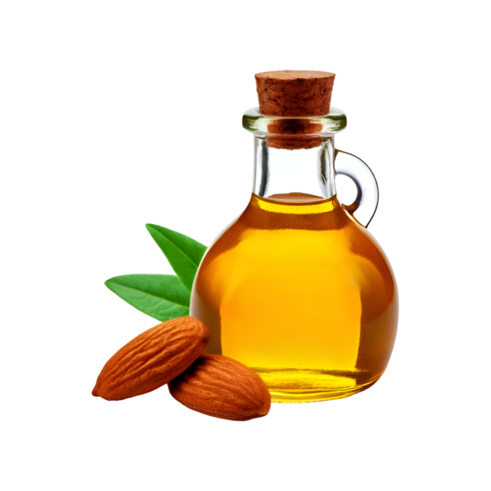 Almond oil glass bottle with peeled almond nut on transparent background png