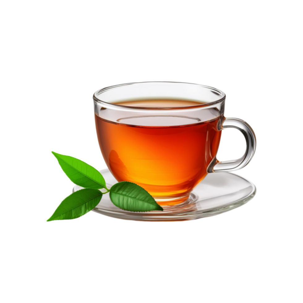 Glass cup of tea with tea leaf on transparent background png