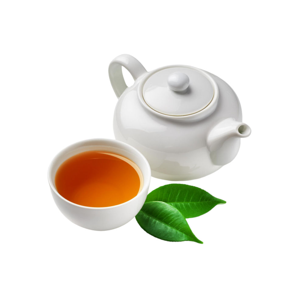White ceramic teapot with tea cup on transparent background png