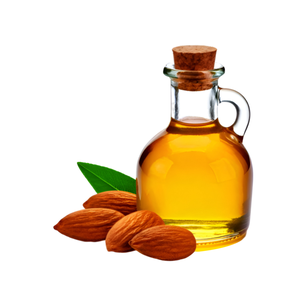 Almond oil glass bottle with peeled almond on transparent background png