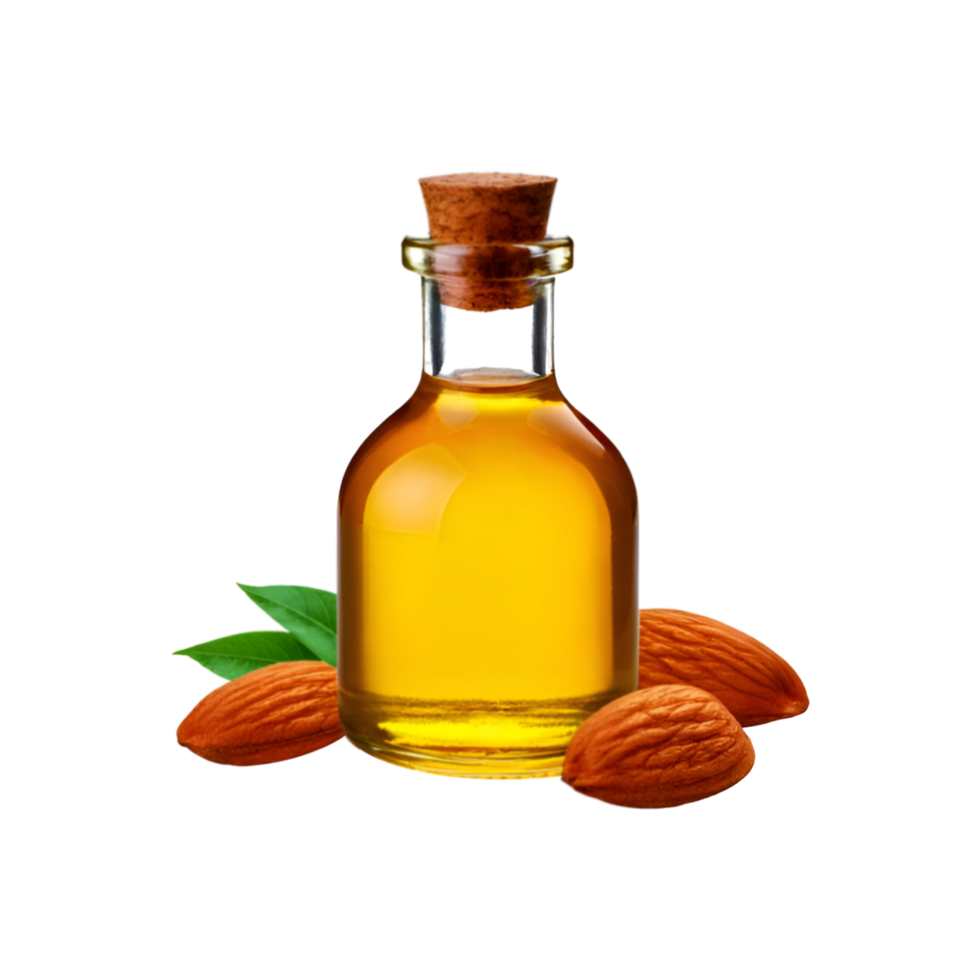 Almond oil glass bottle with peeled almond nut and leaf on transparent background png