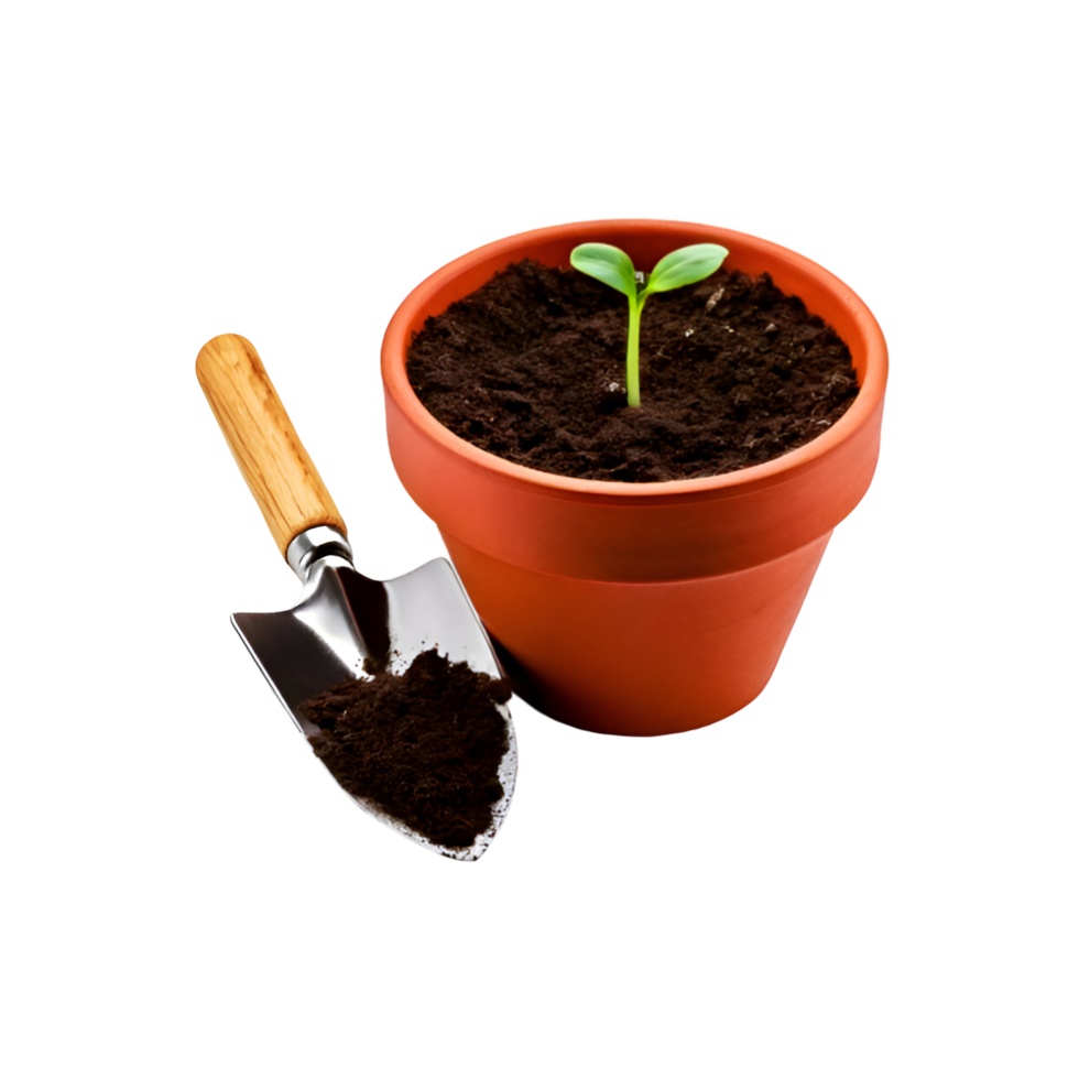 Earthen tub with small plant seedling on transparent background png