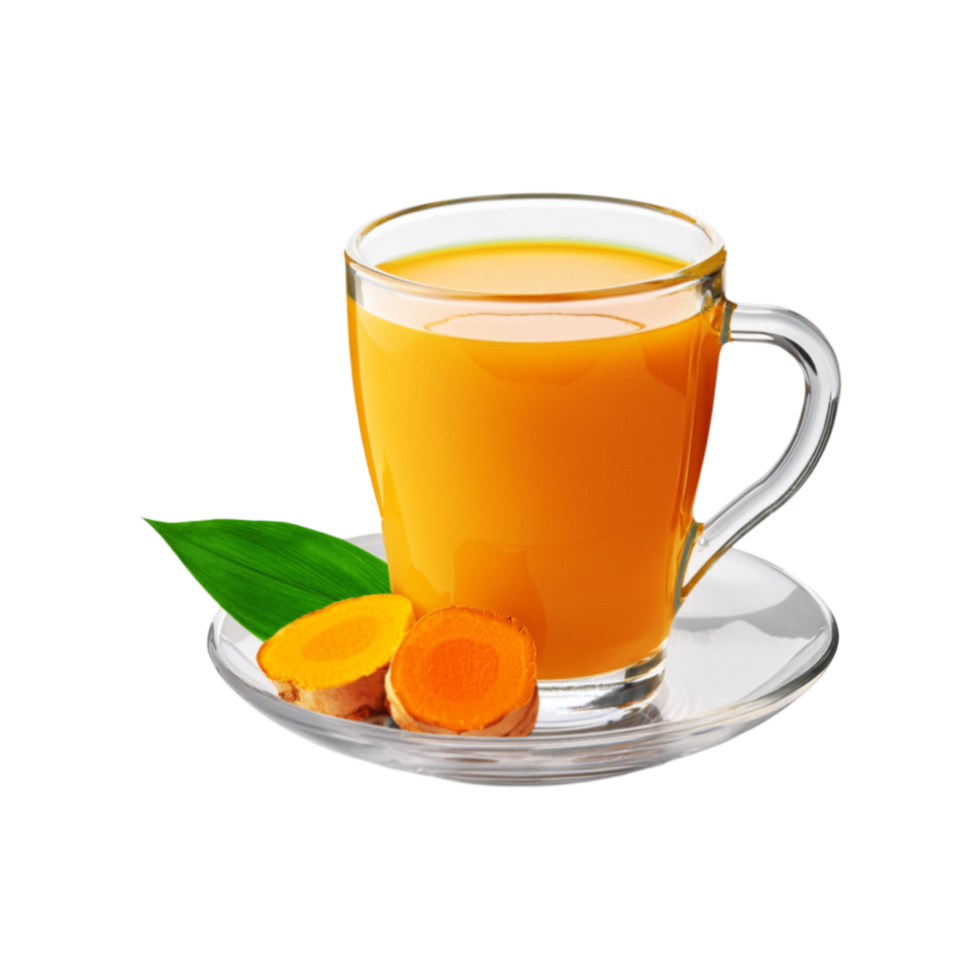 Glass cup and plate of turmeric tea on transparent background png