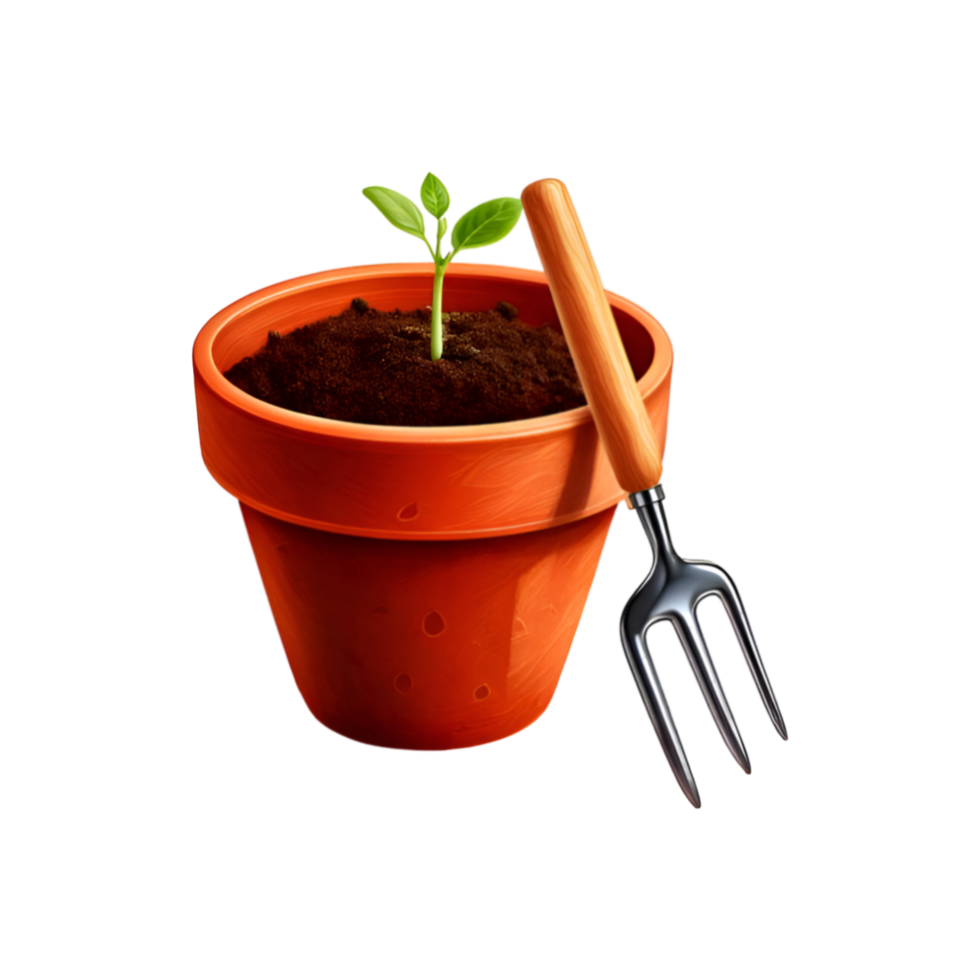 Earthen tub with garden fork on transparent background png