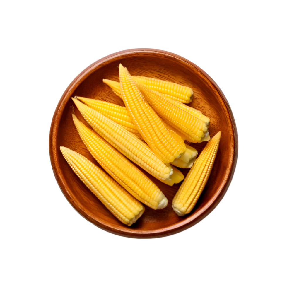 Top view of baby corn wooden bowl on transparent background png