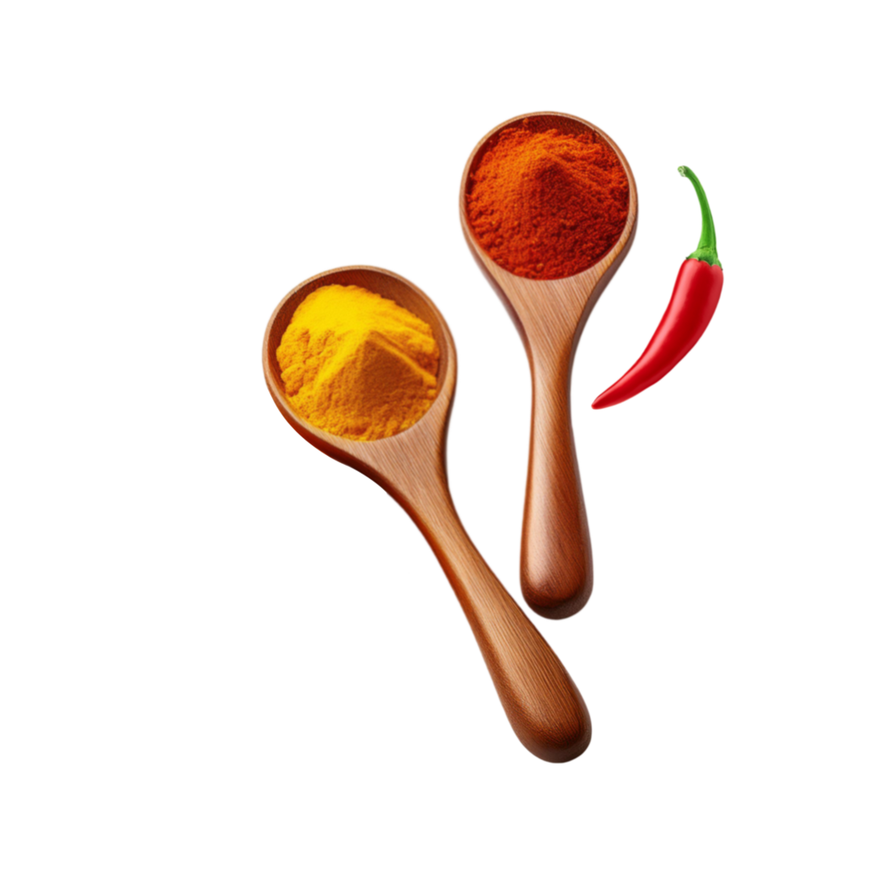 Top view of wooden spoon of cooking spice on transparent background png