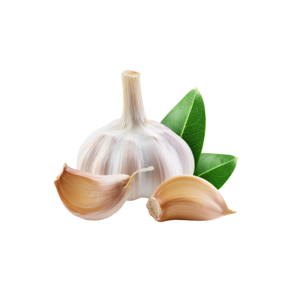 Fresh Garlic spice with slices and leaf on transparent background png
