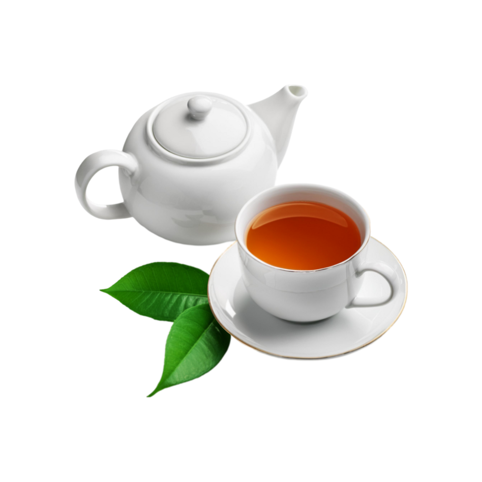 White teapot and cup of tea on transparent background png