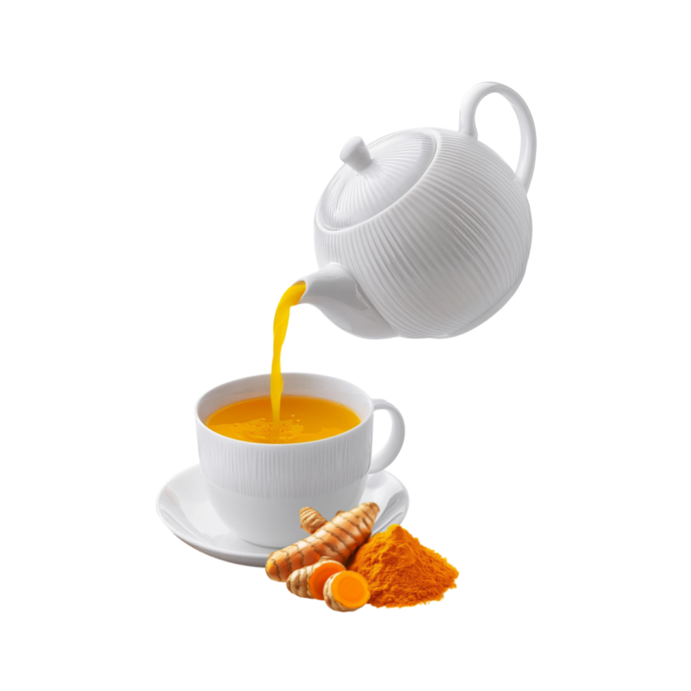White Turmeric tea pot with tea cup on transparent background png