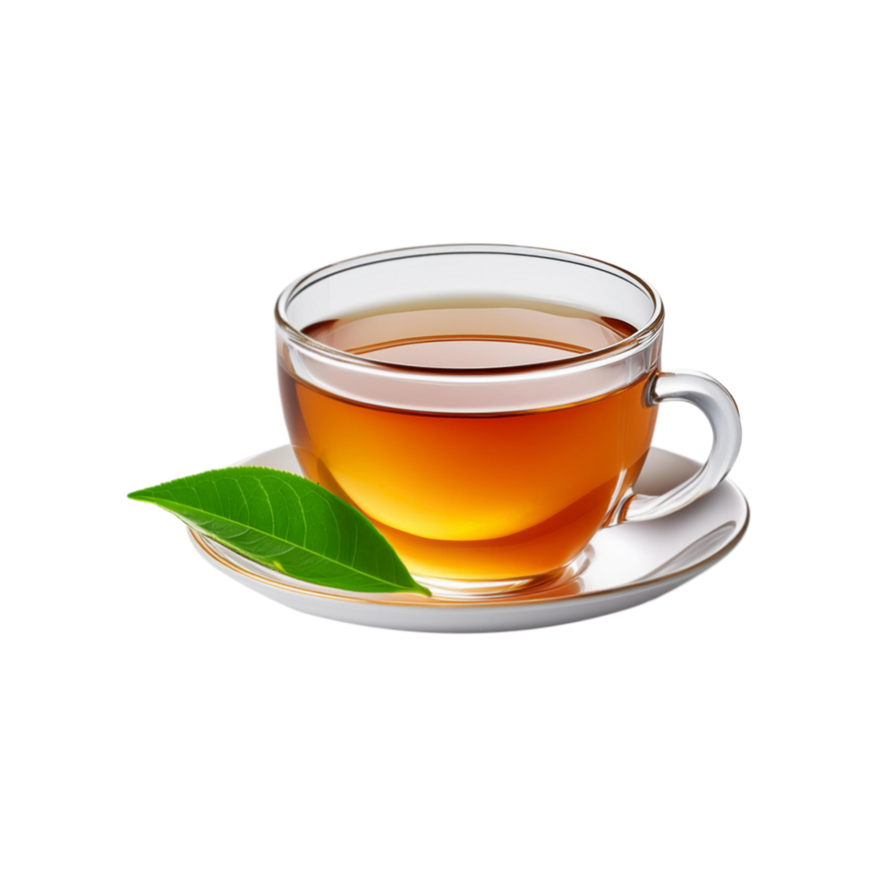Glass cup of tea with green tea leaf on transparent background png