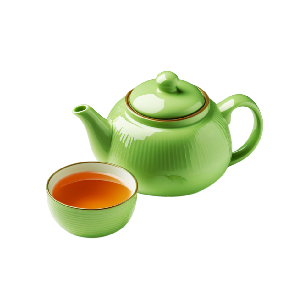 Green ceramic teapot with cup of tea on transparent background png