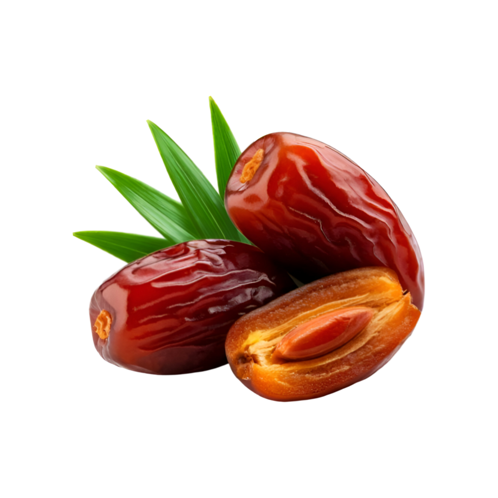 Ripe dates fruit with slice and leaf on transparent background png