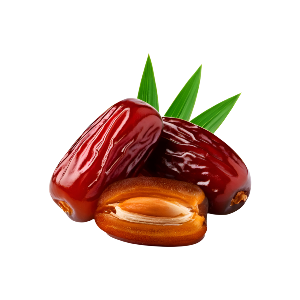 Whole and sliced dates fruit with leaf on transparent background png