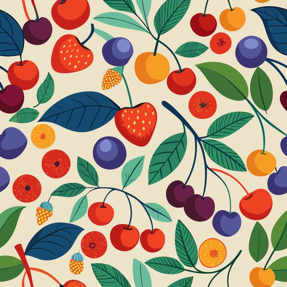 print of summer berries and leaves vector