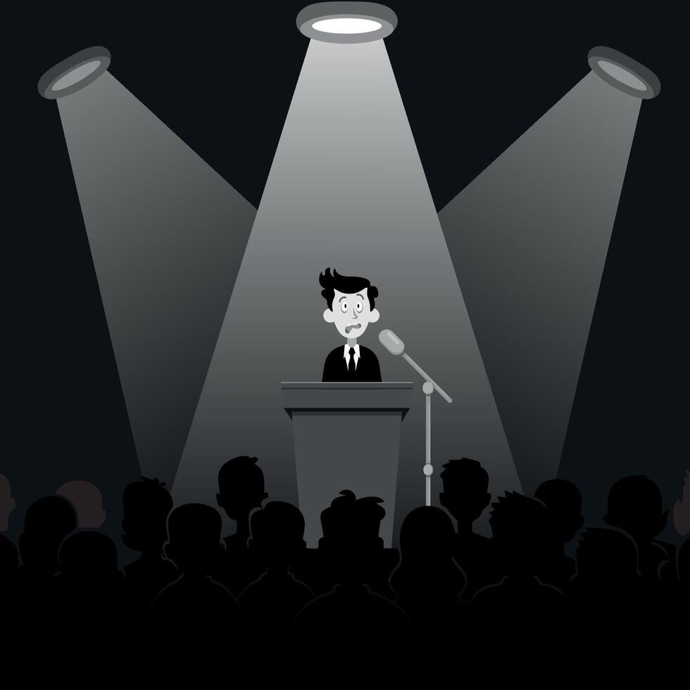 Guy behind podium for public speaking in spotlight in front of audience, fear of public speaking, flat style, black and white picture vector