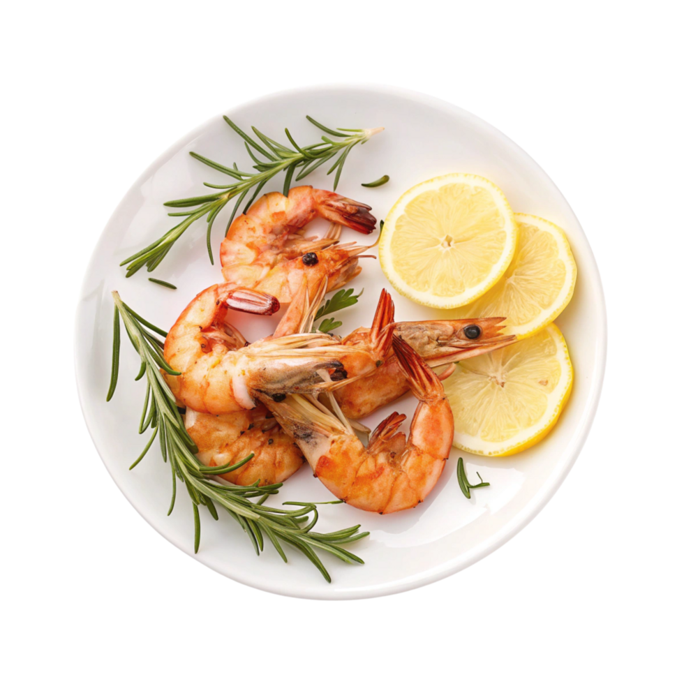 White Plate with Shrimp, Lemon Slices, and Rosemary Branches png