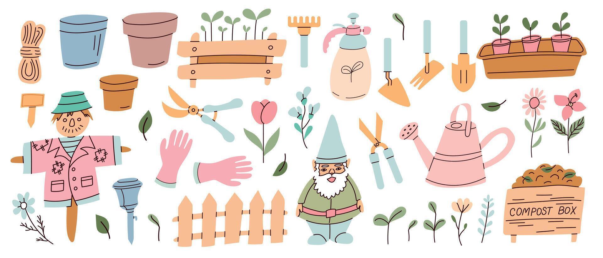 Gardening tools and whimsical characters arranged in a colorful outdoor setting for spring planting fun vector