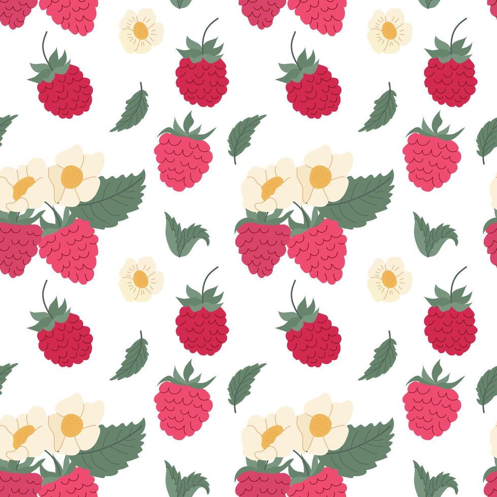Colorful pattern of strawberries, raspberries, flowers, and leaves on a white background creating a vibrant and fresh design vector