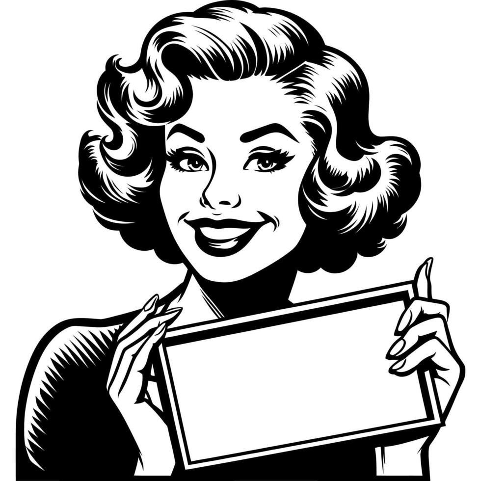 Elegant Retro Woman Holding a Blank Board Simple Line Art vector