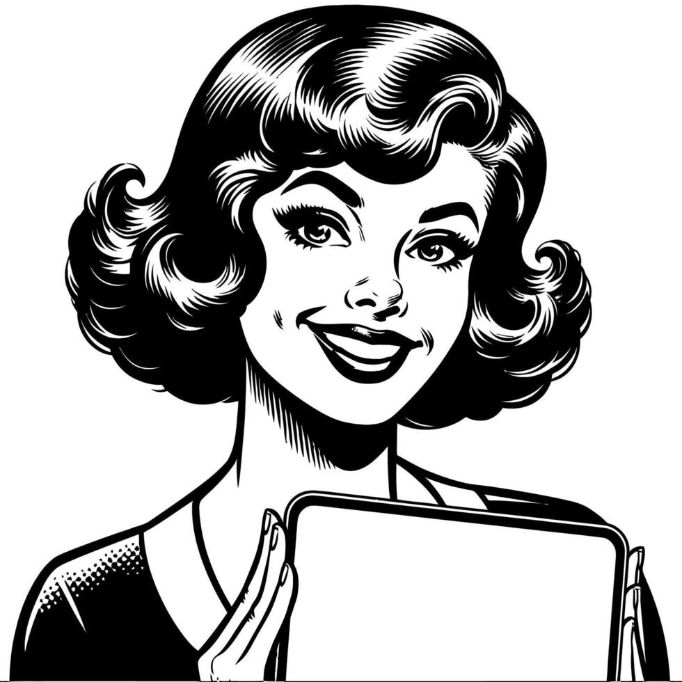 Classic Retro Woman Holding Blank Board Simple Line Art Drawing vector