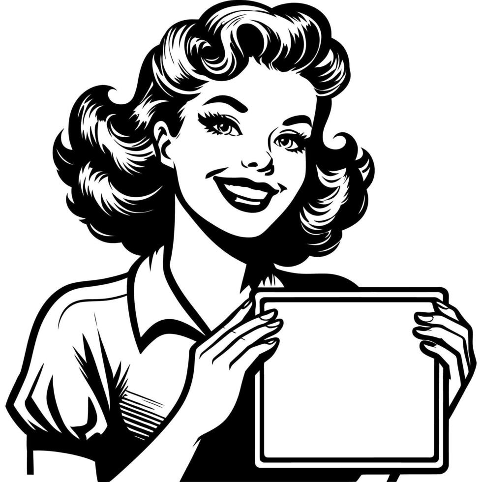 Retro Pop Art Woman Holding a Board Simple Black and White Line Art vector