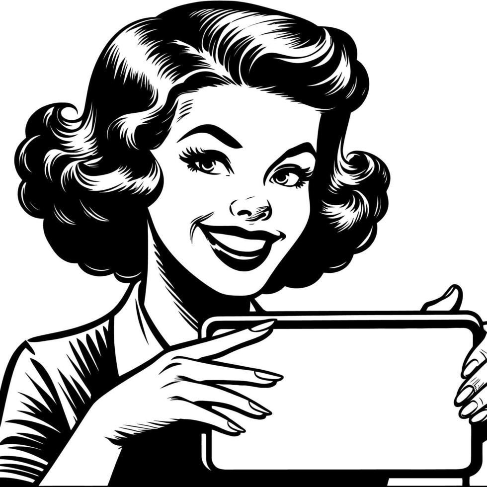 Retro Lady Holding a Sign Simple Black and White Line Art vector