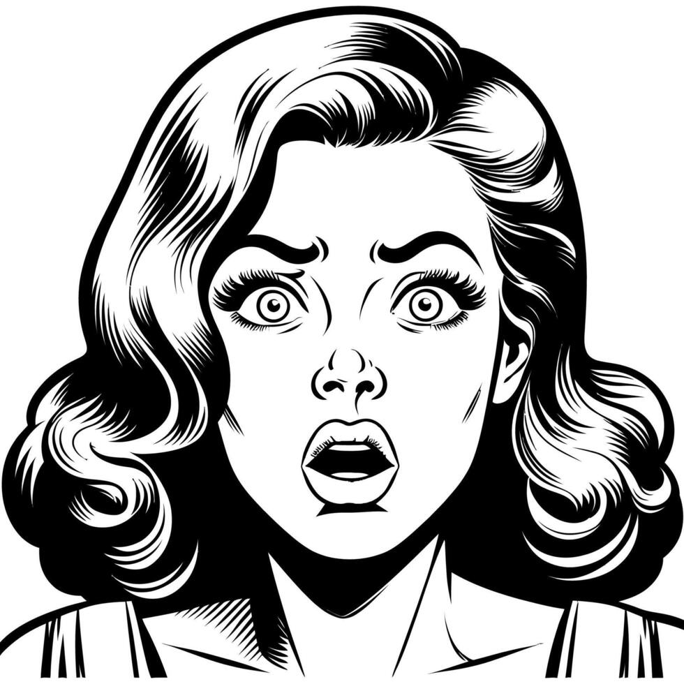 Retro Pop Art Woman with Shocked Face Black and White Comic Style Line Art vector