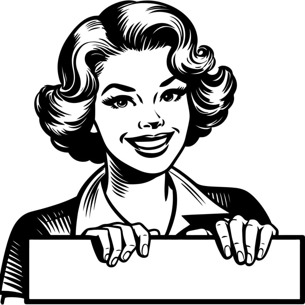 Black and White Line Art of a Retro Woman Holding Blank Sign vector