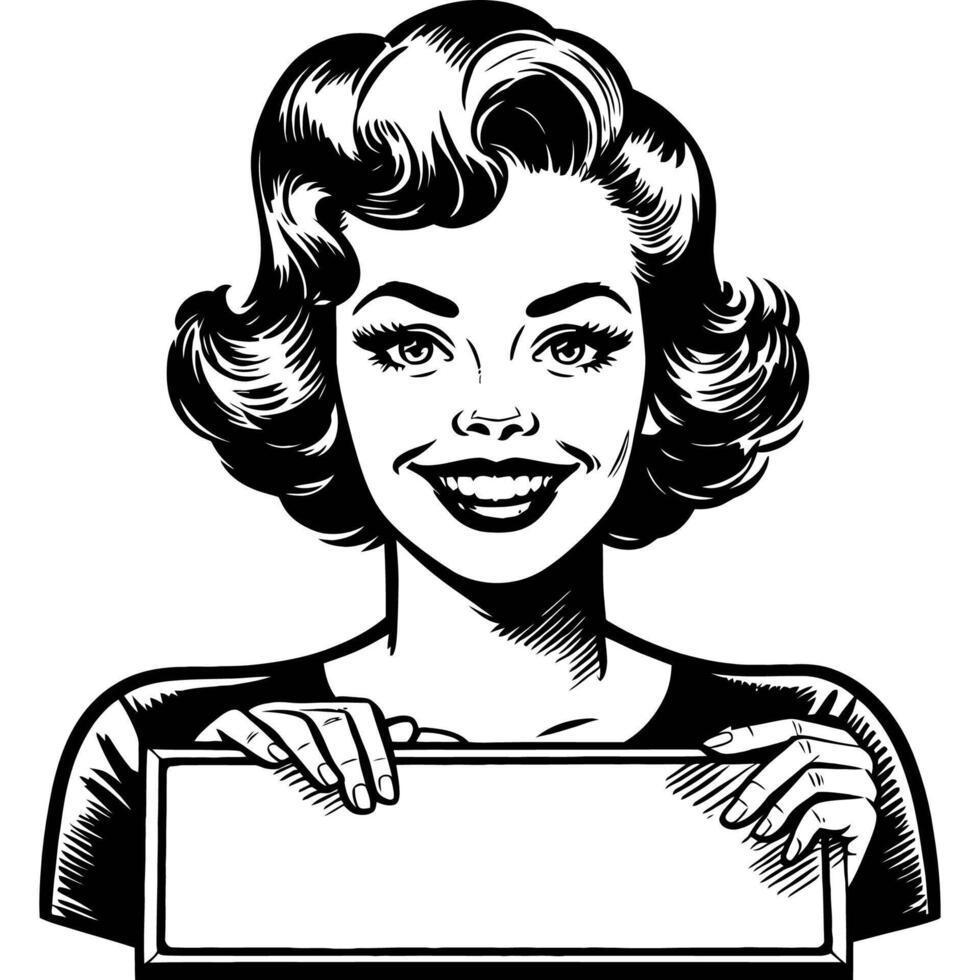 Classic Vintage Woman Holding Empty Board Retro Illustration vector
