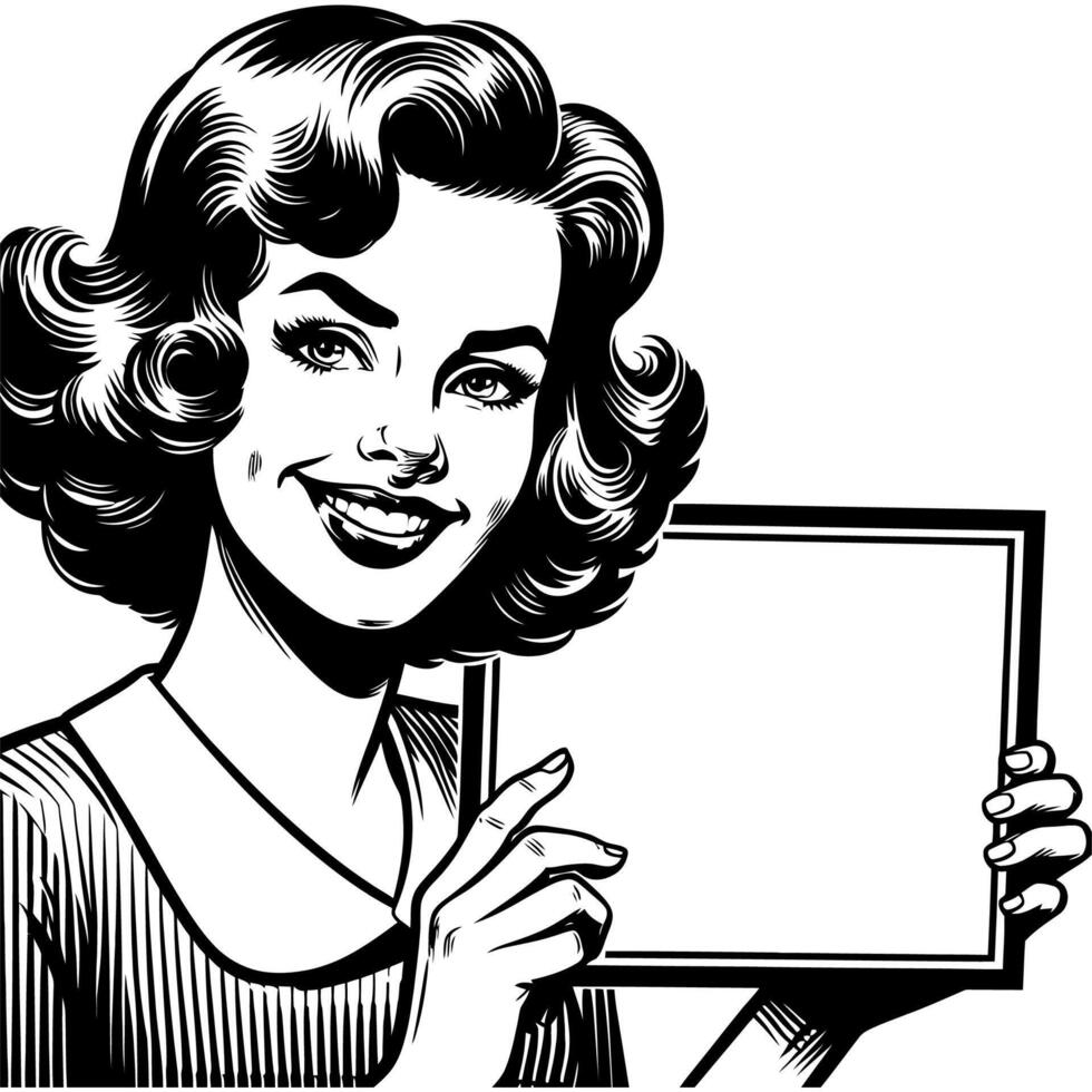 Vintage Retro Woman Holding Blank Sign Simple Line Art Illustration vector