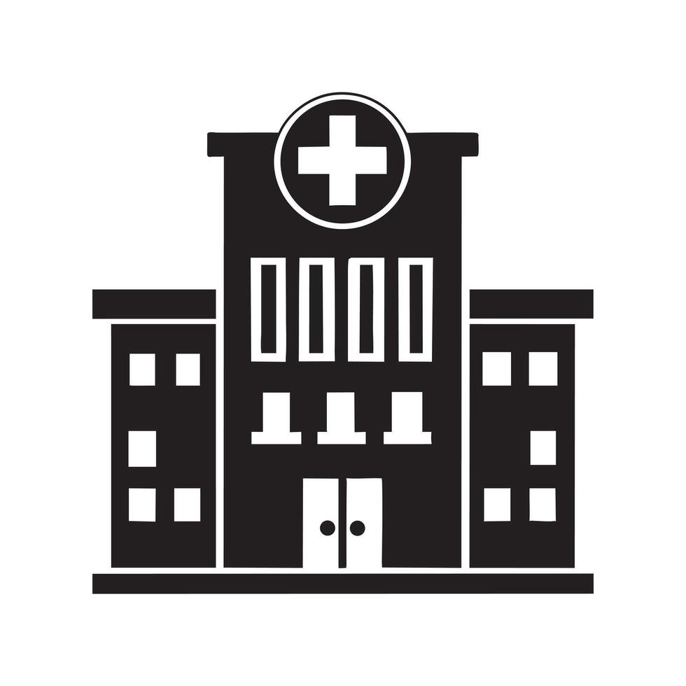 Black and White Hospital Building with Cross Icon vector