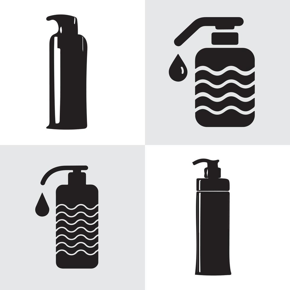 Set of pump bottles for liquid soap, shampoo, or body wash in black and white vector