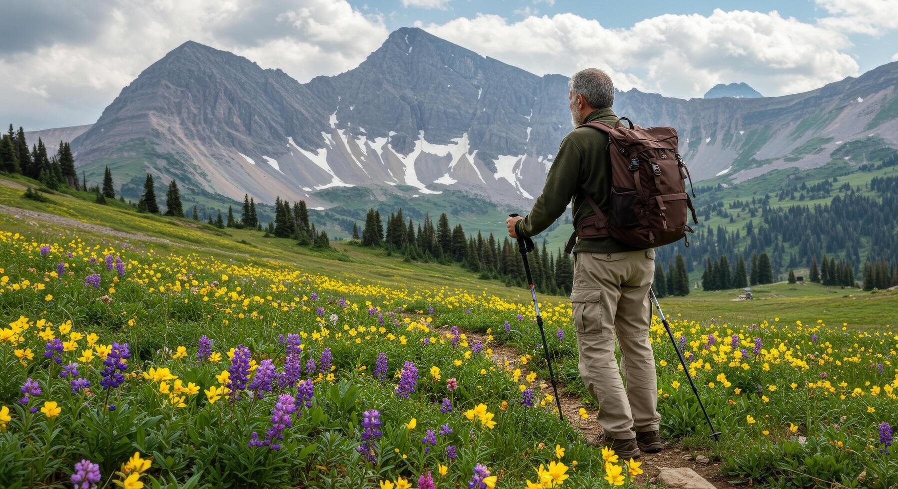 A man with a backpack and hiking poles stands in a meadow with wildflowers photo