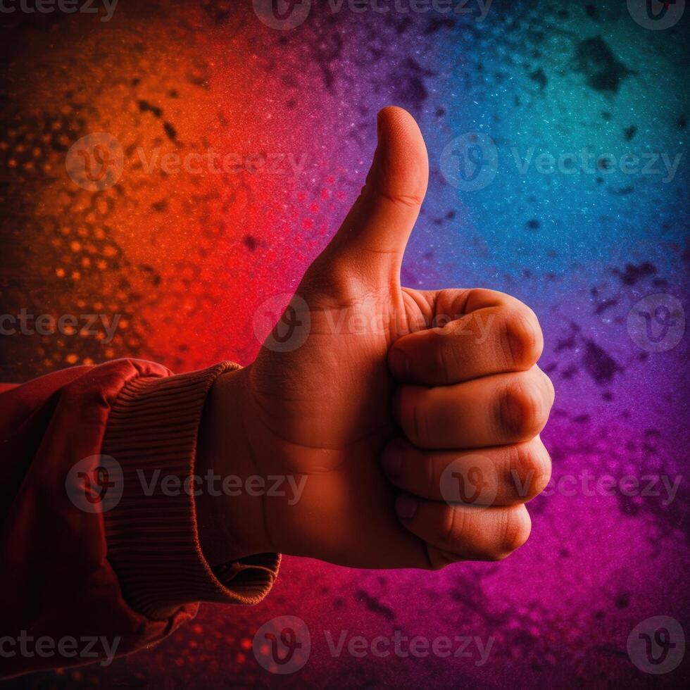 A hand with a thumbs up sign in front of a colorful background photo
