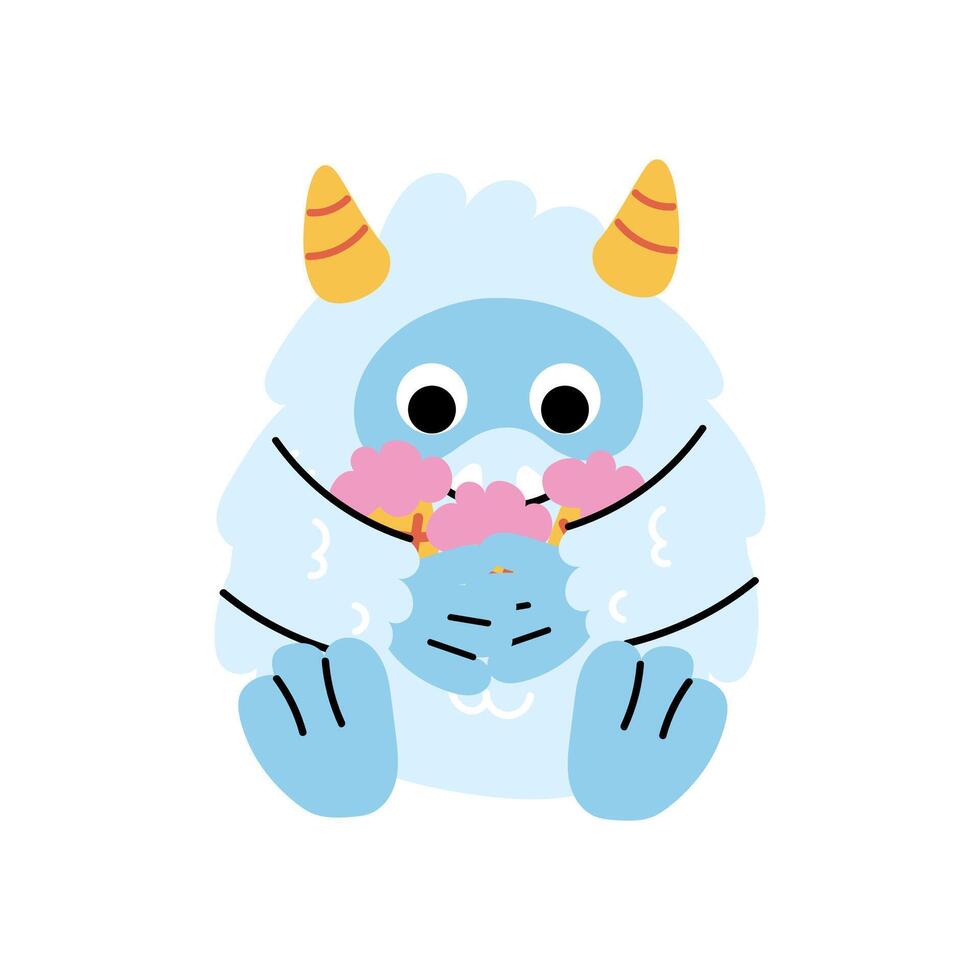 Cute cartoon snow yeti in eating ice cream pose. Funny character participate in winter activities. New Year and Christmas, winter holidays. Adorable furry monster sticker vector