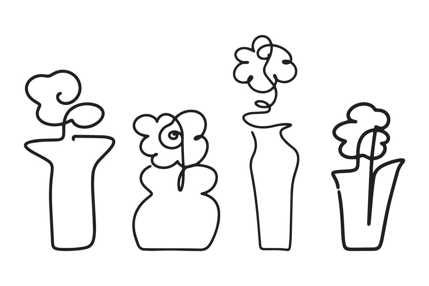 Different abstract vase with flower hand drawn continuous line for art and illustration vector