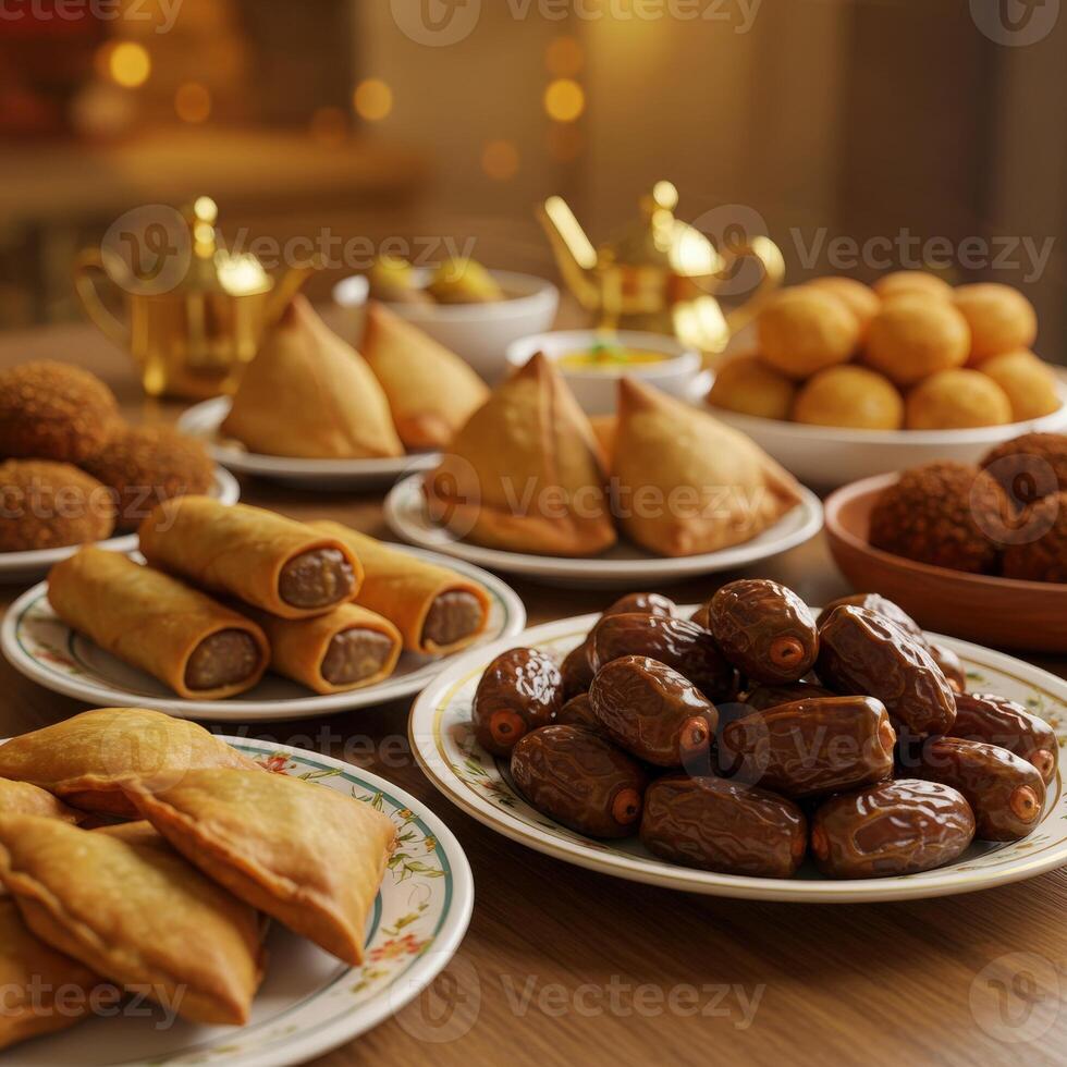 A table with many plates of food photo