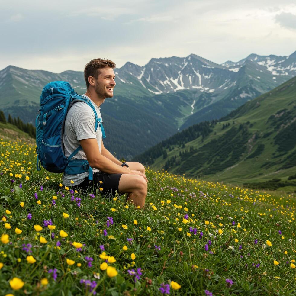 A man with a backpack sitting on a hillside photo