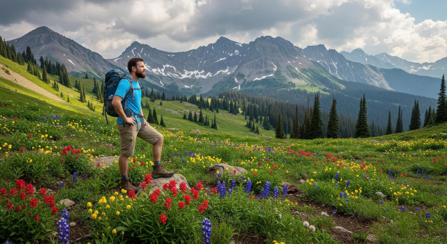 A man with a backpack standing in a field of wildflowers photo