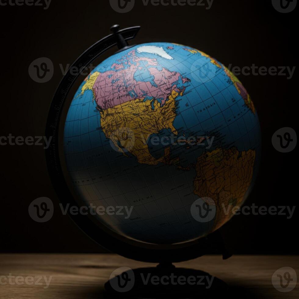 A globe on a wooden table with a dark background photo