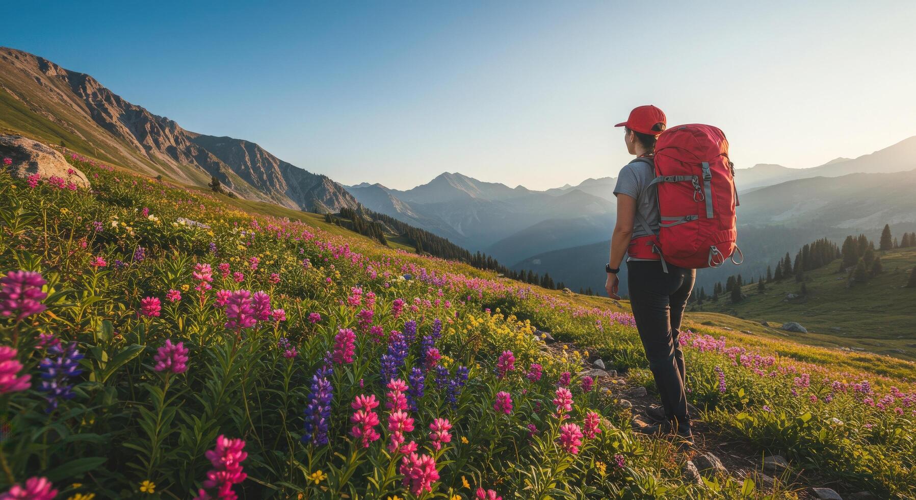A woman with a backpack standing in a field of wildflowers photo