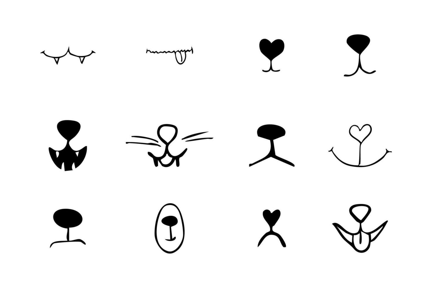 Pet mouth comic cute line doodle drawing. Set lips, noses and whiskers animal characters. Funny heart nose, hand drawn faces. vector