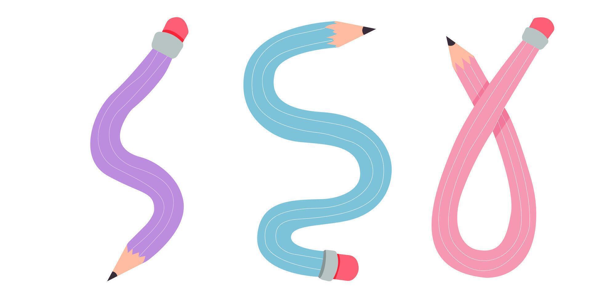 Twisted curved comic pencil doodle sketchy. Line hand drawn simple pencil. Funky flexible school supplies. Trendy writing tool vector