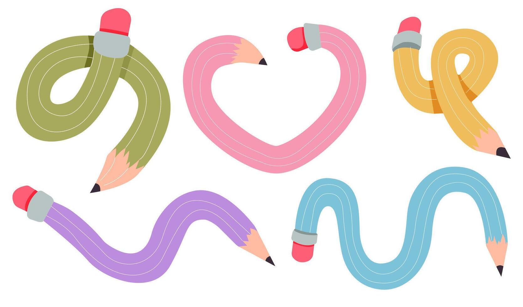 Twisted curved comic pencil doodle sketchy. Line hand drawn simple pencil. Funky flexible school supplies. Trendy writing tool vector