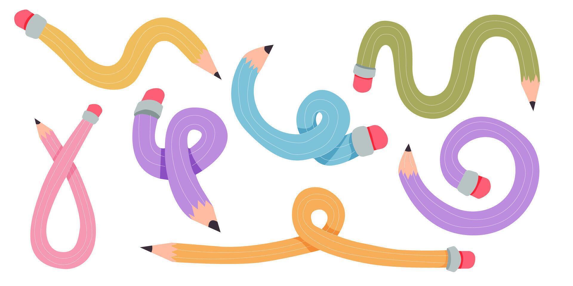 Twisted curved comic pencil doodle sketchy. Line hand drawn simple pencil. Funky flexible school supplies. Trendy writing tool vector
